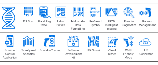 CS60-HC 系列便攜掃描器 DNA 圖标：DataCapture DNA、123 Scan、Blood Bag Parse+、Label Parse+、多條碼掃描、Preferred Symbol、PRZM 智能(néng)成(chéng)像、遠程診斷、遠程管理、掃描器控制應用程序、ScanSpeed Analytics、Scan-to-Connect、軟件開(kāi)發(fā)工具包、UDI Scan+、虛拟圍欄、WiFi 友好(hǎo)模式