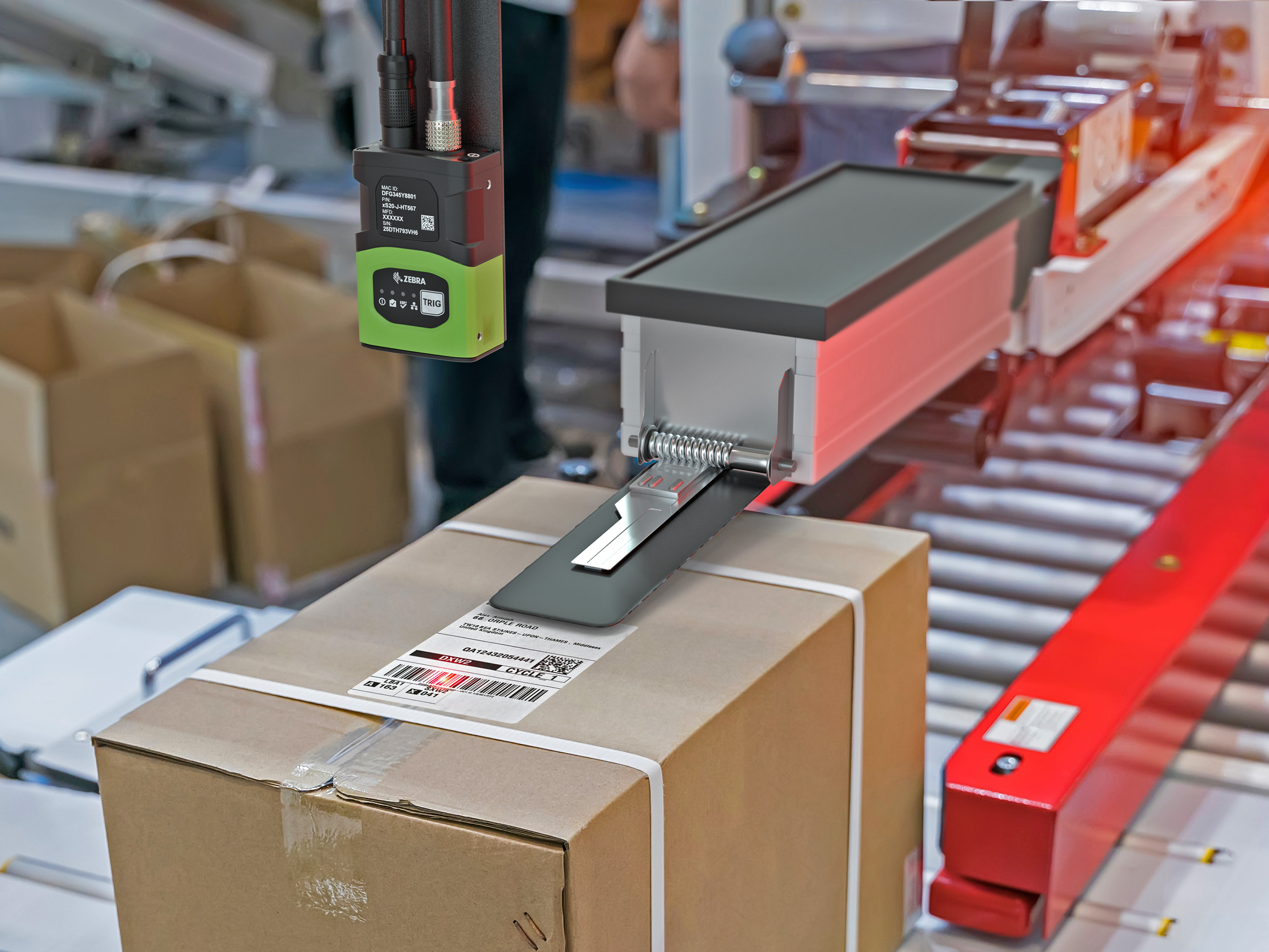 Zebra machine vision and fixed scanner scans barcode on a package shipping label
