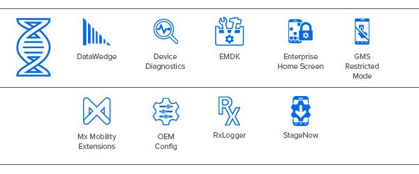 DNA 圖标：DataWedge、設備診斷、EMDK、企業主界面(miàn)、GMS 受限模式、Mx Mobility Extensions、OEM 配置、Rx Logger、StageNow