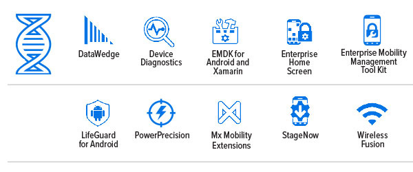 WS50 RFID Android 佩戴式數據終端規格表 Mobility DNA 圖标：DataWedge，設備診斷，EMDK Android 版和 Xamarin 版，企業主界面(miàn)，企業移動管理工具套件，LifeGuard for Android，PowerPrecision，Mx Mobility Extensions，StageNow，Wireless Fusion